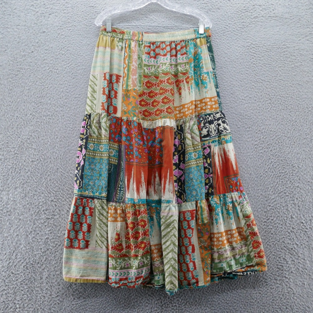 Signals Reversible Tiered Maxi Skirt Womens XL Patchwork Teal Floral Boho Long